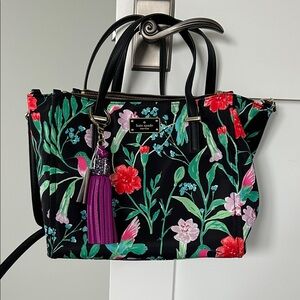 kate spade Black Floral Tote with Purple Tassel Charm